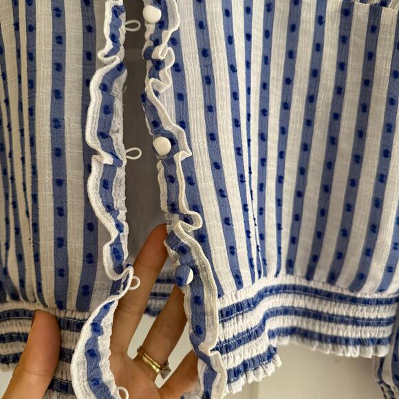 Intermix Striped Button Up Ruffled Long Sleeve Top Smocked Cuffs Cottagecore 4 - Picture 2 of 6